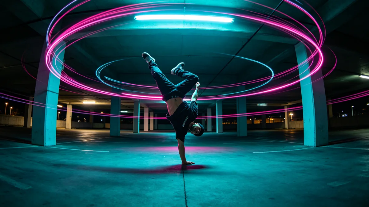 Un plano en órbita rodea a un breakdancer congelado a mitad de un movimiento, con el fondo convertido en un desenfoque circular.