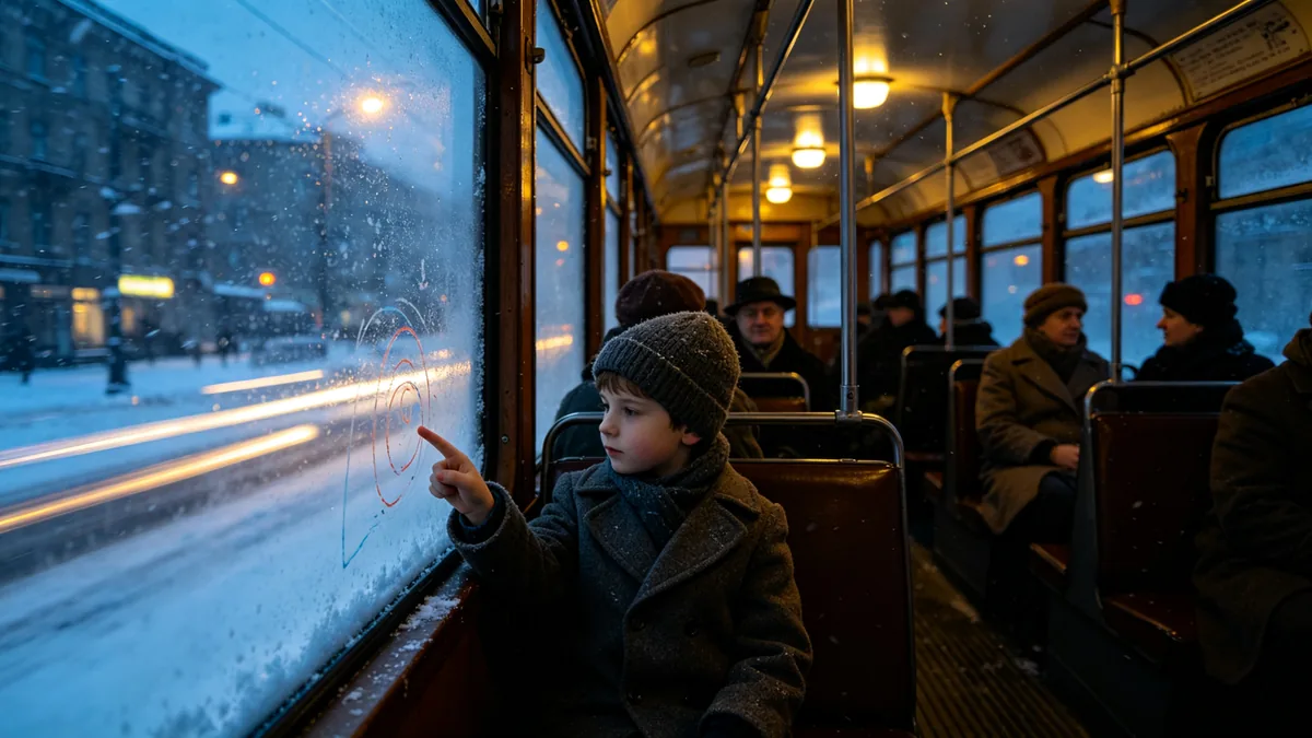 El interior de un tranvía en marcha que cruza una ciudad nevada al anochecer, con pasajeros y luces desenfocadas que pasan por fuera.