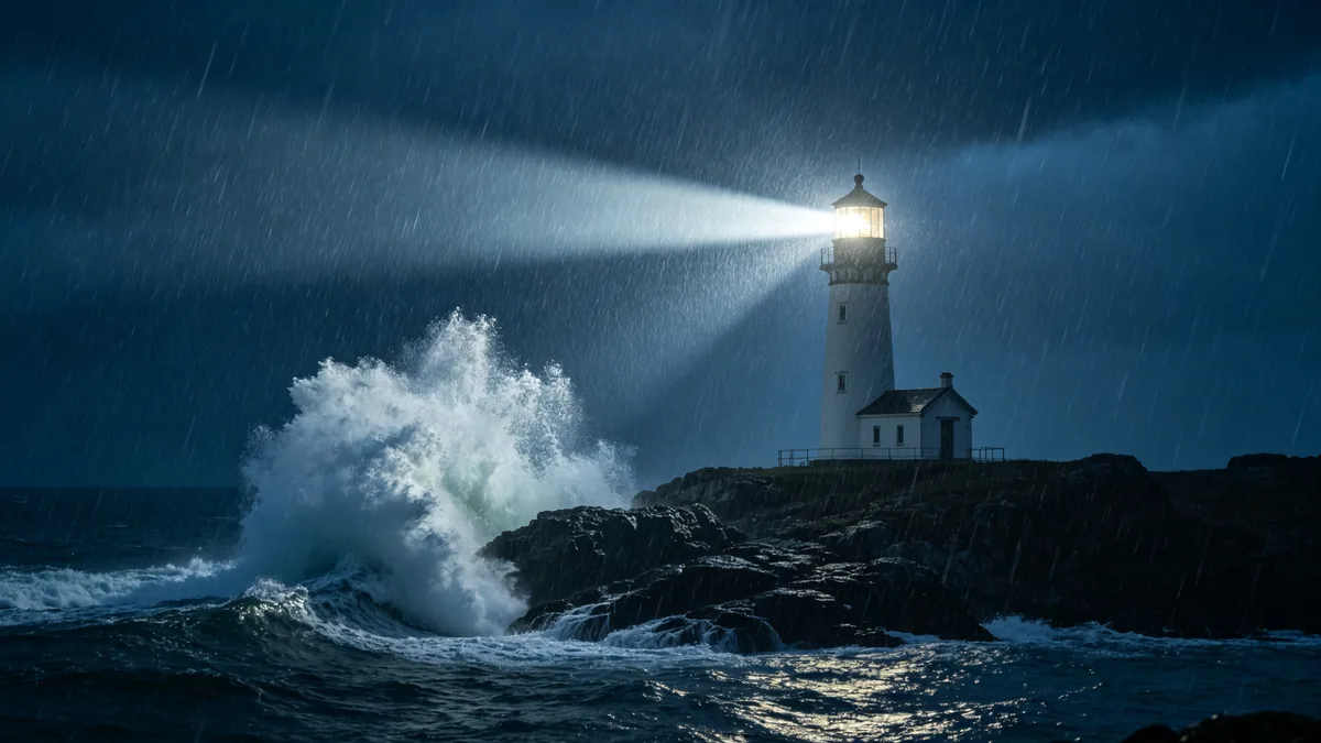El haz de un faro barre un mar tormentoso mientras olas enormes golpean las rocas.