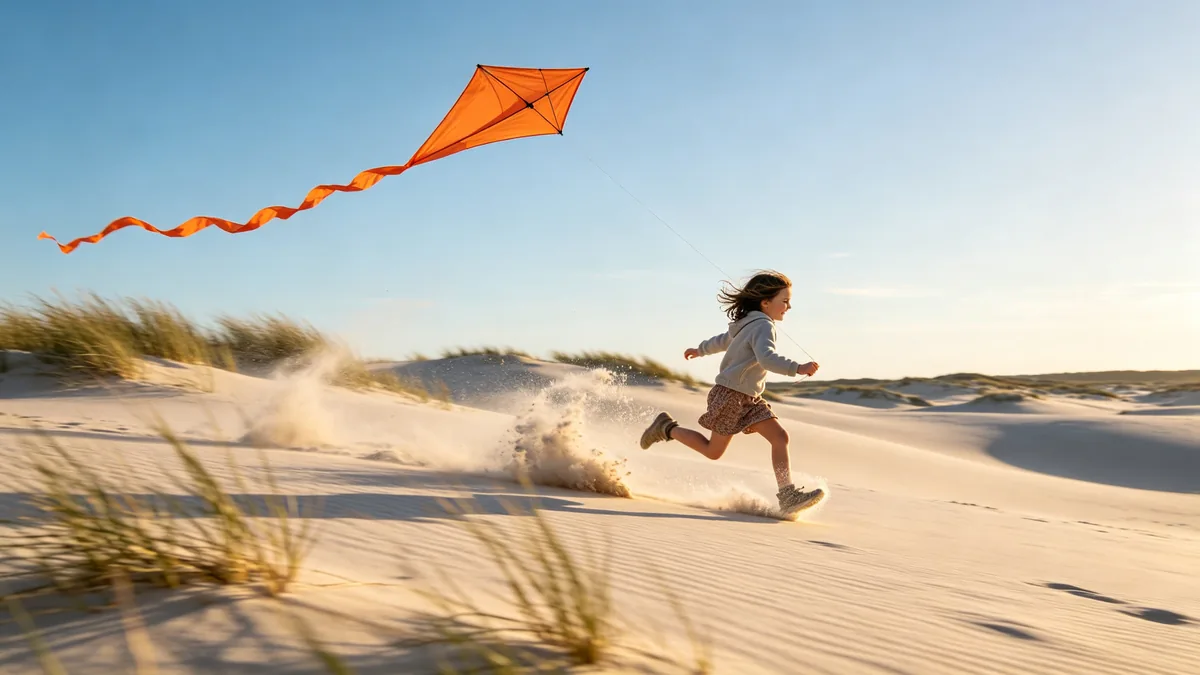 Un plano en contrapicado de una niña que corre con una cometa por unas dunas de arena.