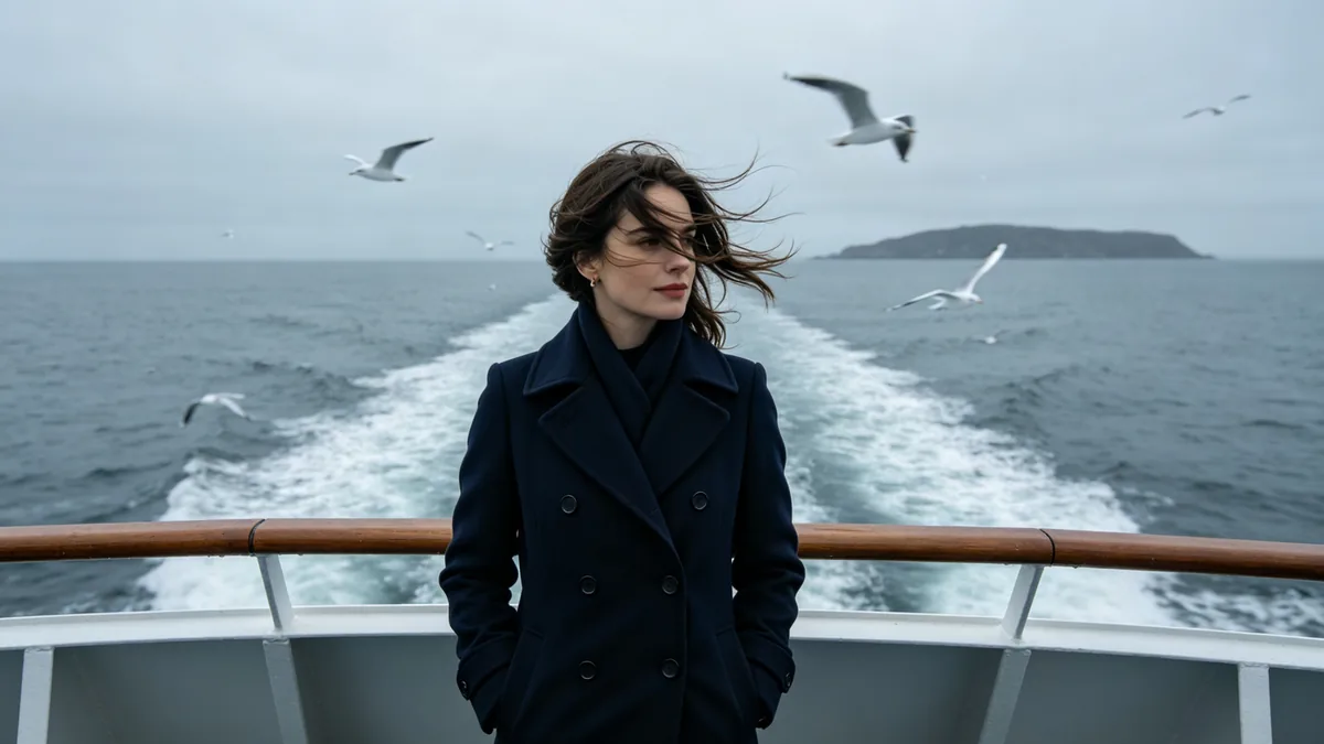 Una mujer de pie junto a la barandilla de la cubierta de un ferry mientras la cámara gira a su alrededor, con el viento en el pelo.