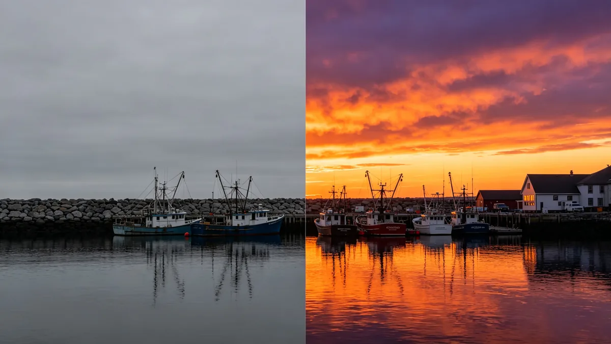 El mismo plano de un puerto dividido en dos: un cielo gris y plano a la izquierda y un cielo de atardecer espectacular ya reemplazado a la derecha.