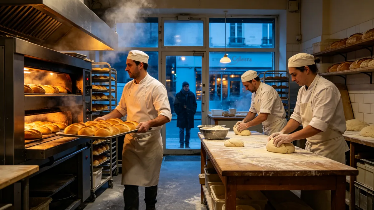 Un plano con steadicam recorre la cocina de una panadería llena de actividad, desde la puerta trasera hasta el escaparate.