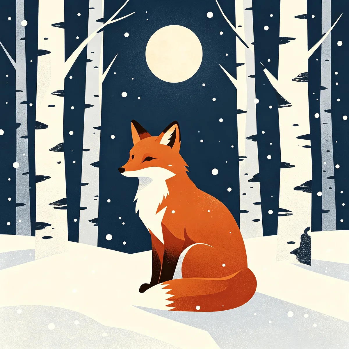 Una ilustración vectorial plana de un zorro rojo sentado en un bosque de abedules nevado bajo una luna pálida.