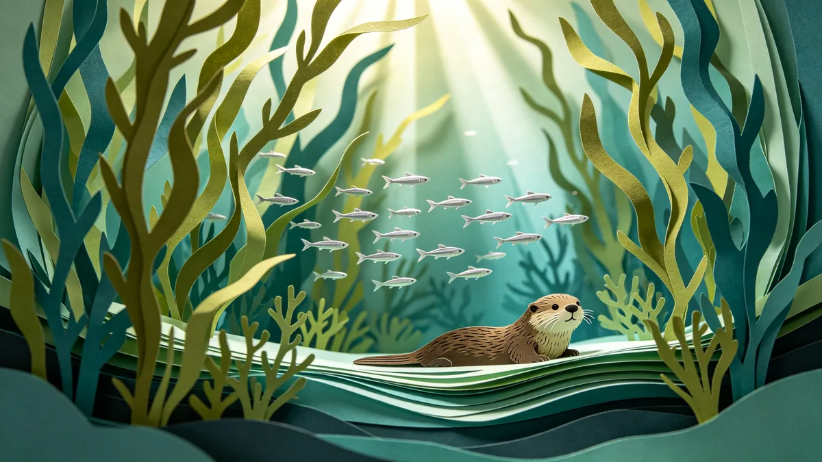 Una ilustración en capas de papel recortado de un bosque de algas submarino con peces y rayos de luz.