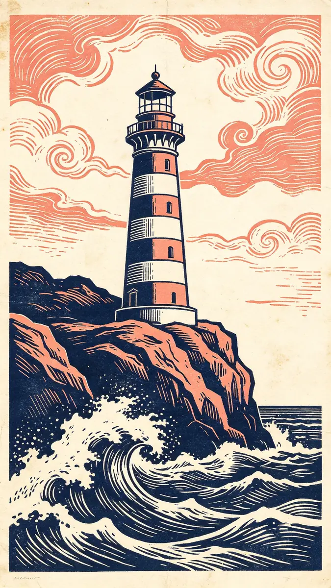 Un linograbado a dos tintas de un faro sobre un acantilado rocoso con olas que rompen.