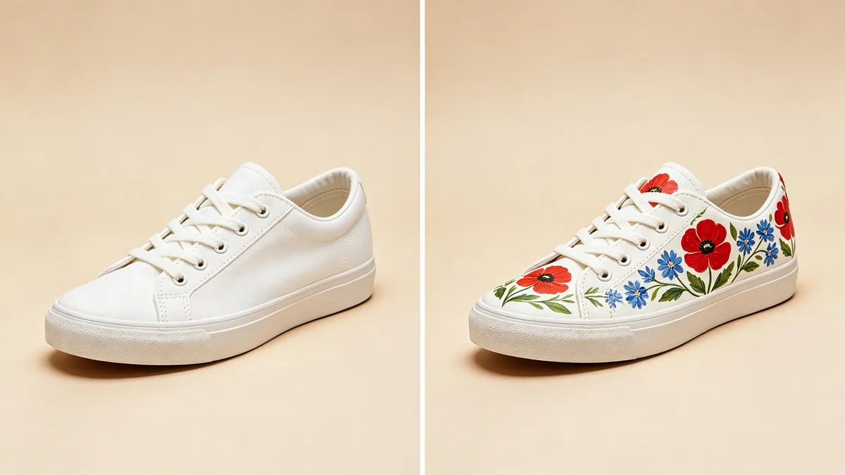 Antes y después: a la izquierda, una zapatilla de lona blanca y lisa; a la derecha, la misma zapatilla pintada a mano con flores.