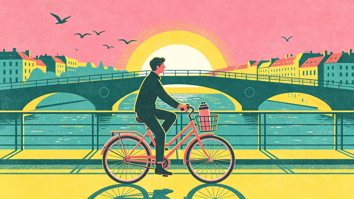 Una ilustración estilo risografía de una persona que cruza un puente en bicicleta al amanecer.