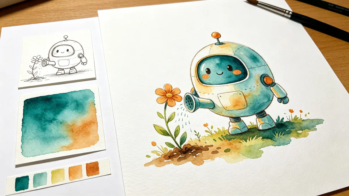 A la izquierda, un boceto a lápiz de un robot, una muestra de textura en acuarela y una tira de paleta; a la derecha, todo combinado en una ilustración terminada del robot.