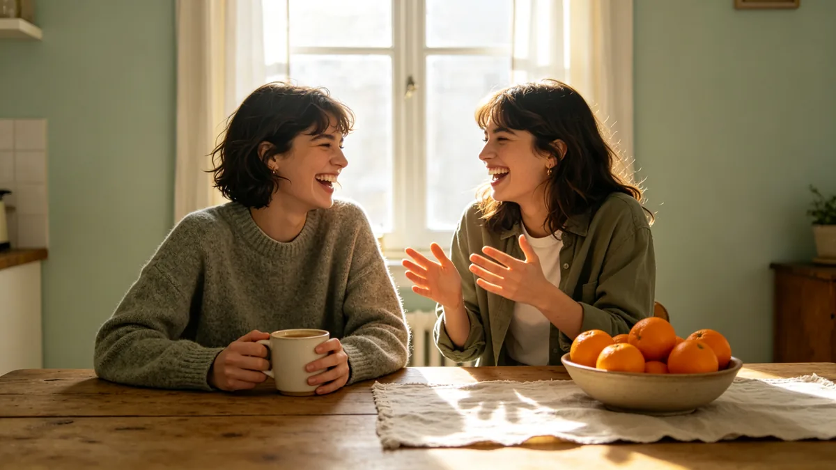 Dos amigos se ríen tomando café en una mesa de cocina de madera con luz de mañana.