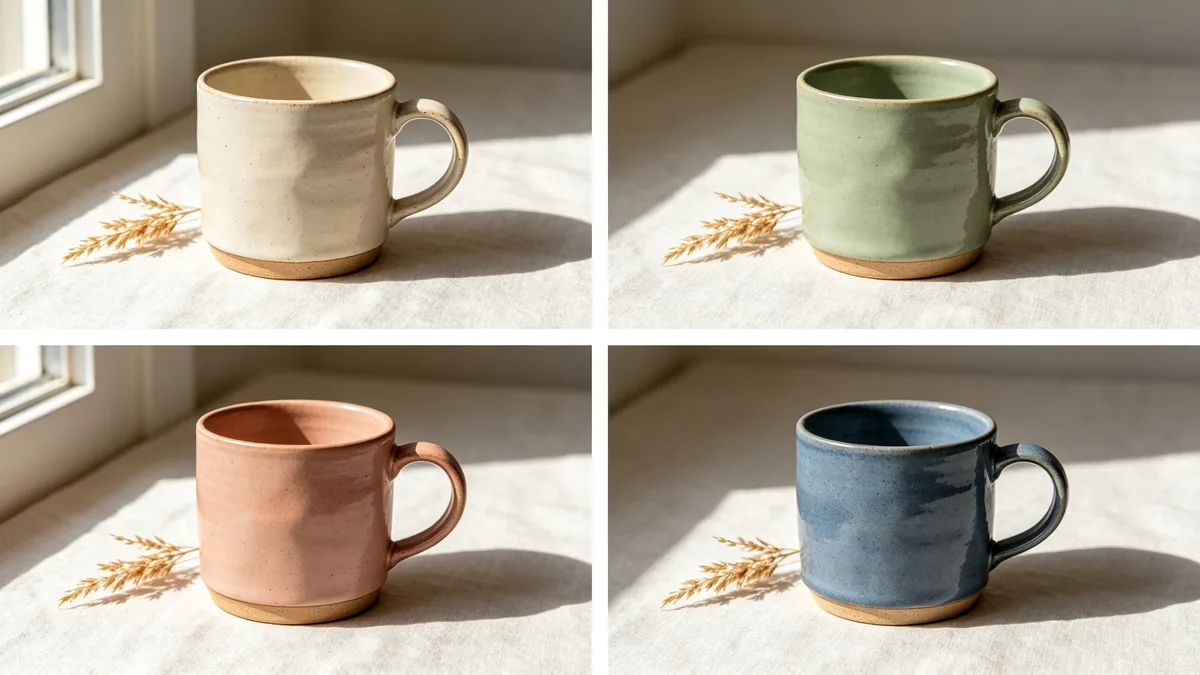 Una cuadrícula de dos por dos con cuatro tazas de cerámica fotografiadas con la misma luz, el mismo ángulo y el mismo estilismo.