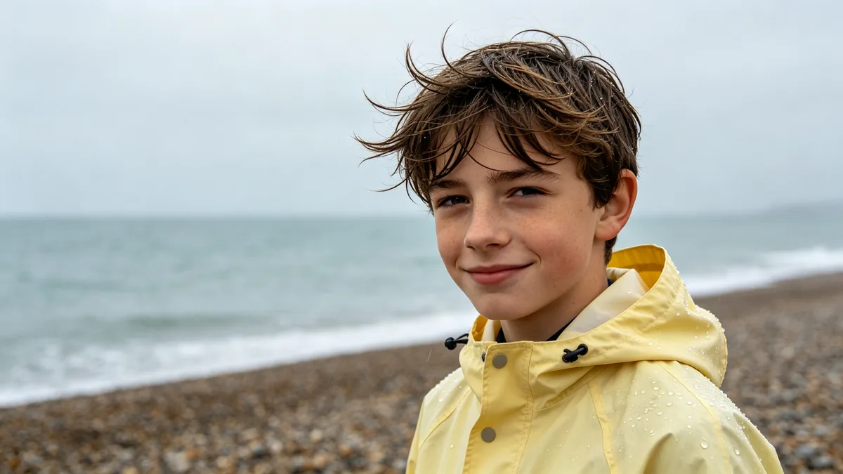 Un adolescente con la capucha de un impermeable amarillo fotografiado junto al mar bajo una luz suave de día nublado.