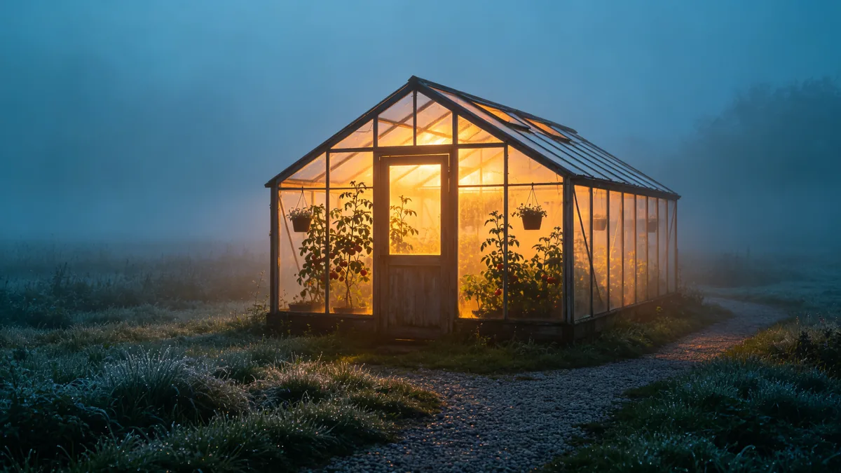 Un viejo invernadero de cristal que brilla, iluminado desde dentro, en un campo con niebla al amanecer.
