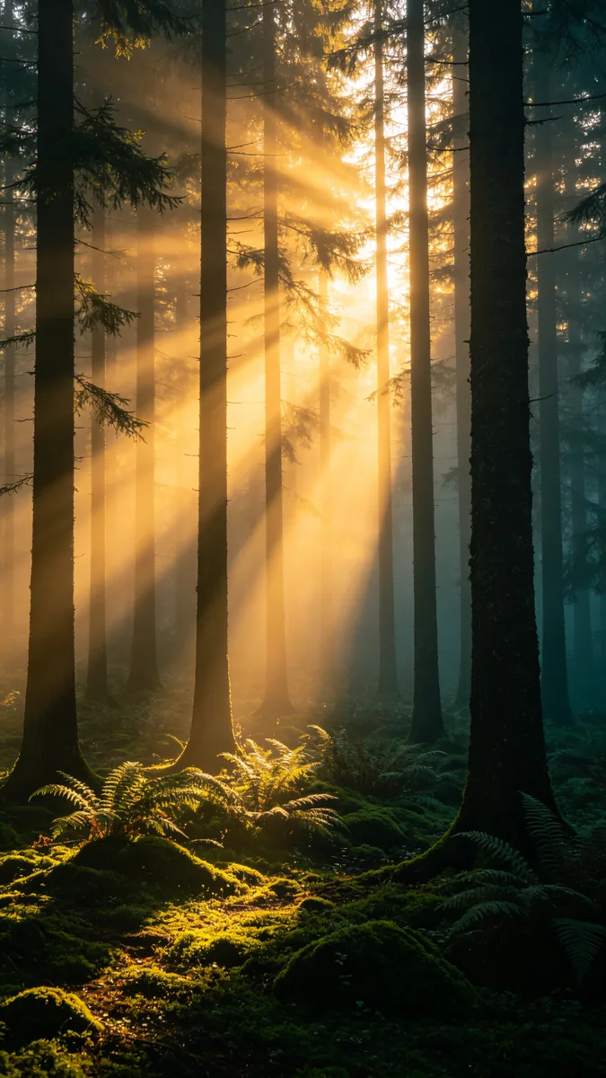 Haces de luz de sol matinal atraviesan la bruma en un bosque de pinos altos.