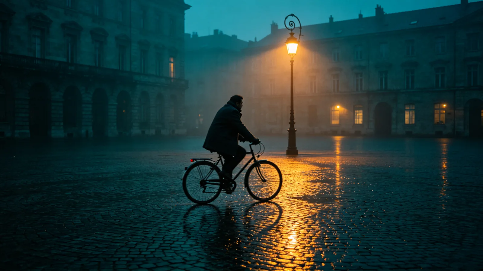 Un ciclista solitario cruza una plaza empedrada y mojada en la hora azul, bajo una única farola de luz cálida.