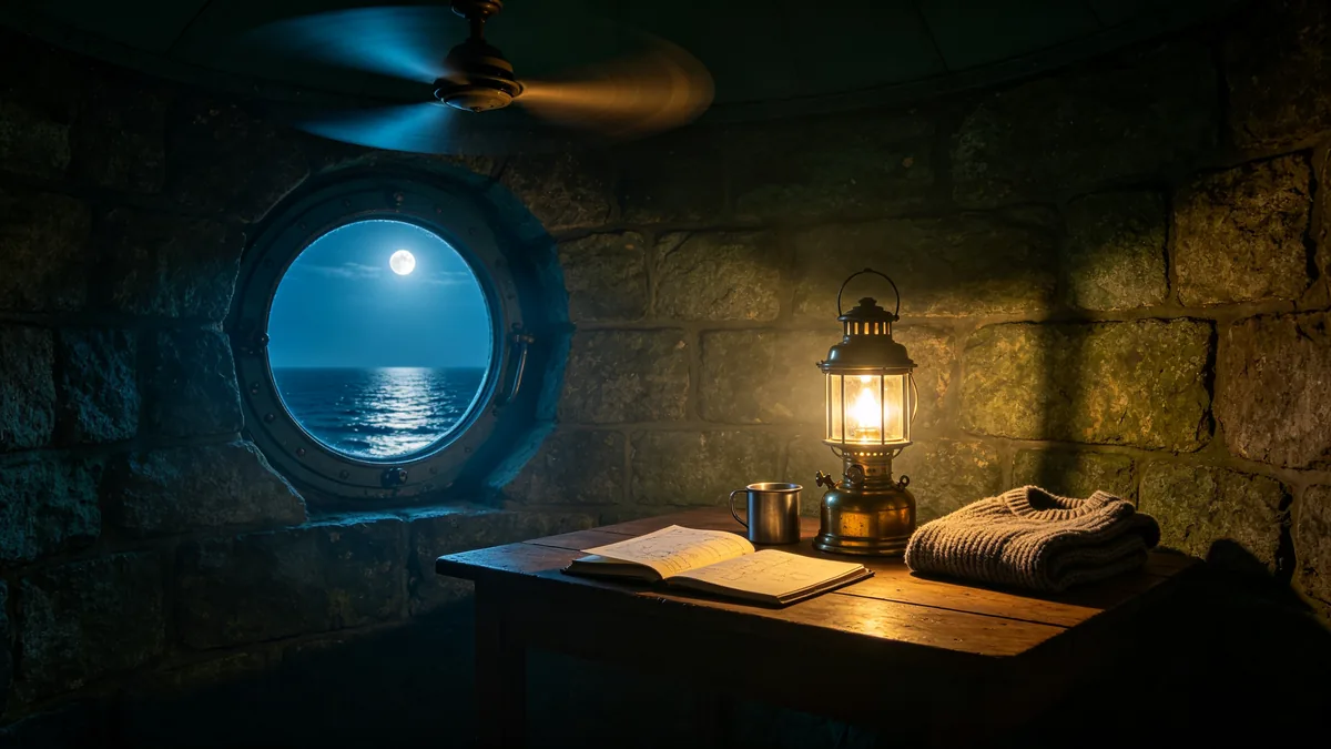 La habitación redonda del farero iluminada por una sola lámpara de aceite, con el mar visible a través de un ojo de buey.