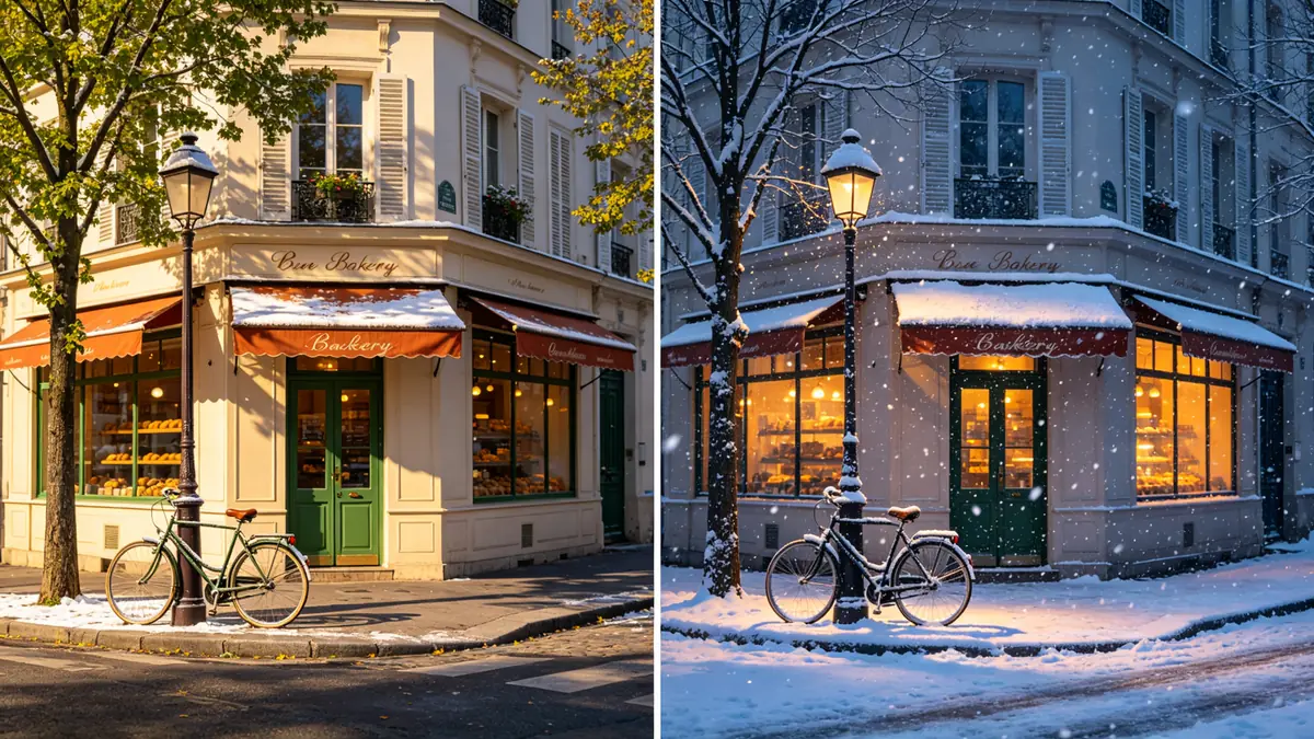 Antes y después: la misma esquina de una calle, a la izquierda con luz de día de verano y a la derecha editada como una tarde nevada.