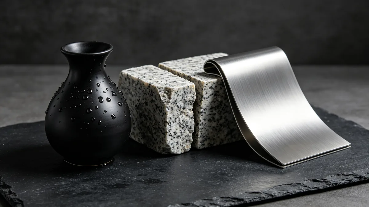 Gotas de agua sobre un jarrón de cerámica negra mate junto a granito rugoso y una lámina doblada de aluminio cepillado.