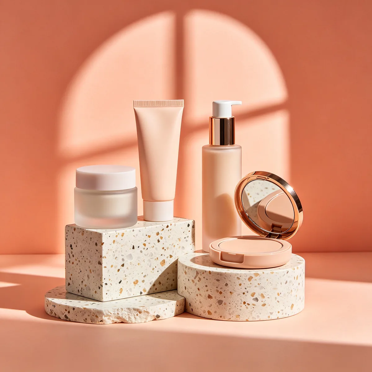 Un conjunto de frascos y tubos de cosmética sin etiqueta sobre pedestales esculpidos de terrazo, con una luz suave color coral.