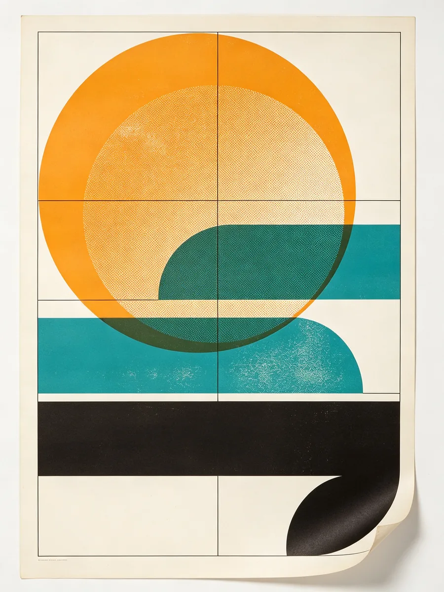 Un póster de estilo suizo con círculos y barras superpuestos en naranja, verde azulado y negro sobre papel blanco roto.