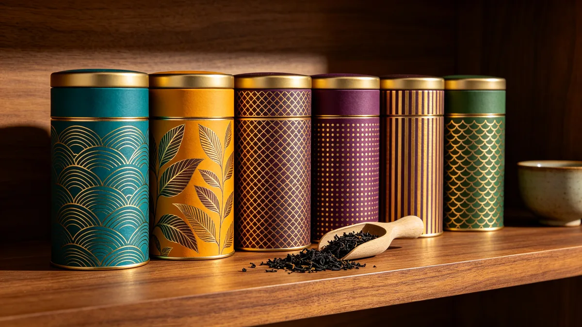 Una fila de latas de té estampadas en tonos joya sobre un estante de nogal, con té suelto derramado delante.