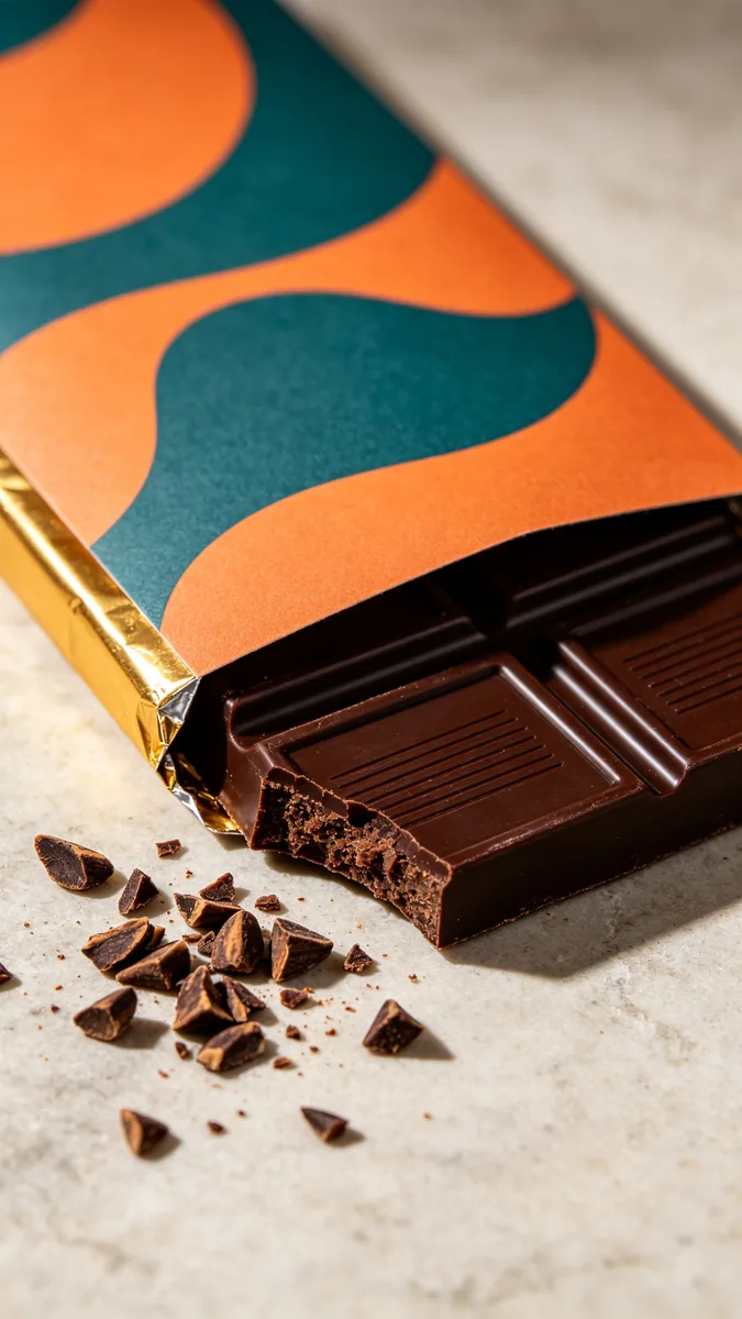 Una tableta de chocolate en un envoltorio de papel plegado con un llamativo patrón abstracto, medio abierto para dejar ver la tableta.