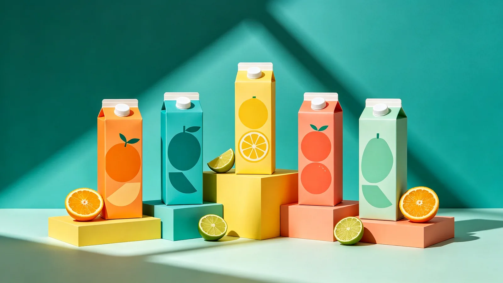Una fila de envases de bebida con gráficos abstractos de frutas, sobre pedestales de colores en un estudio luminoso.