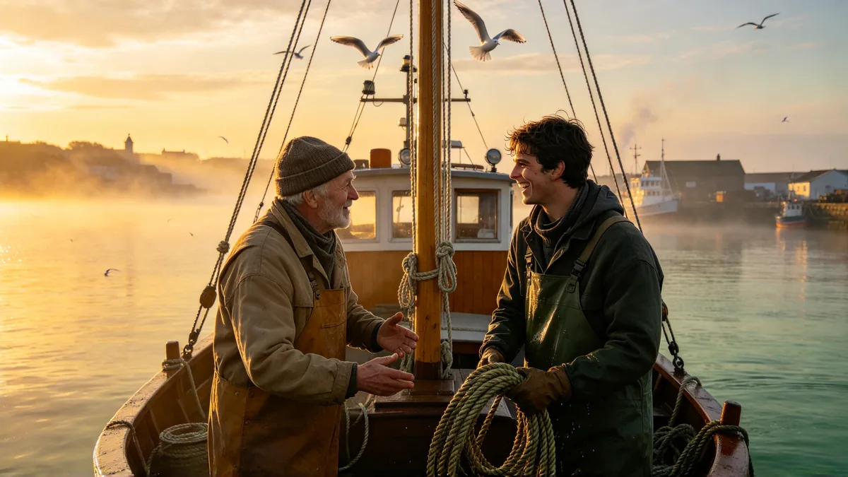 Two fishermen in wool caps talk and laugh while coiling rope on the deck of a small boat at dawn.