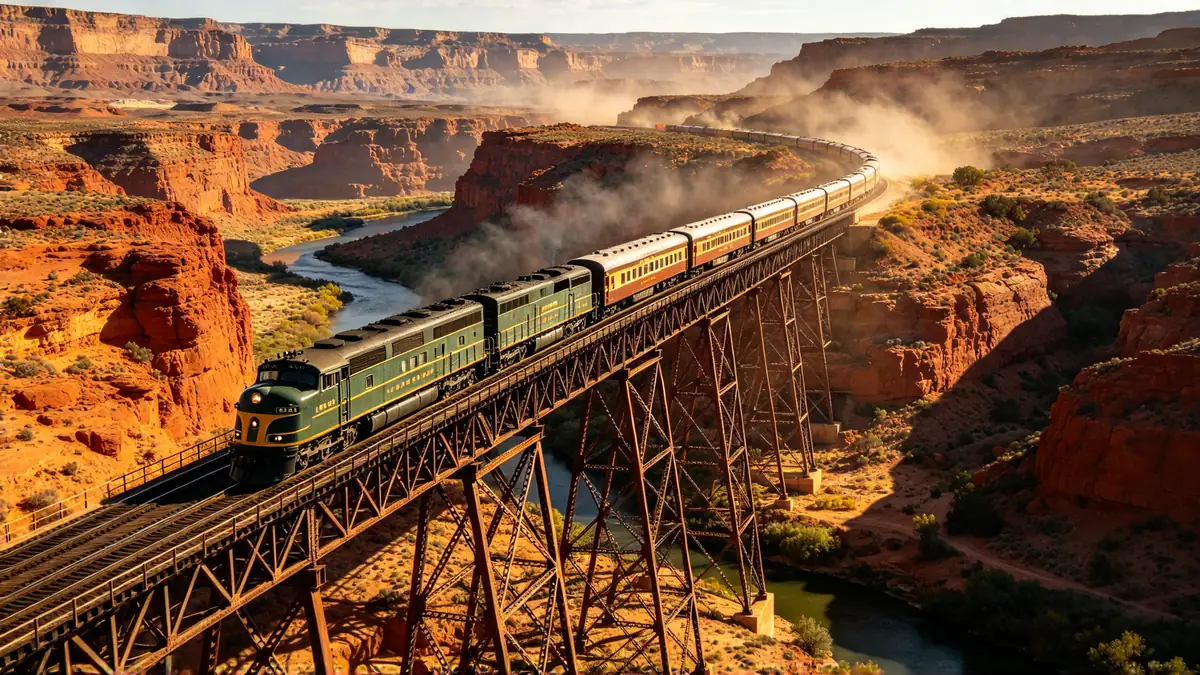 A vintage passenger train crosses a tall iron bridge over a desert canyon in late afternoon light.