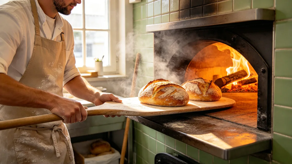 A baker slides a tray of crusty loaves out of a glowing wood-fired oven, steam curling into the morning light.