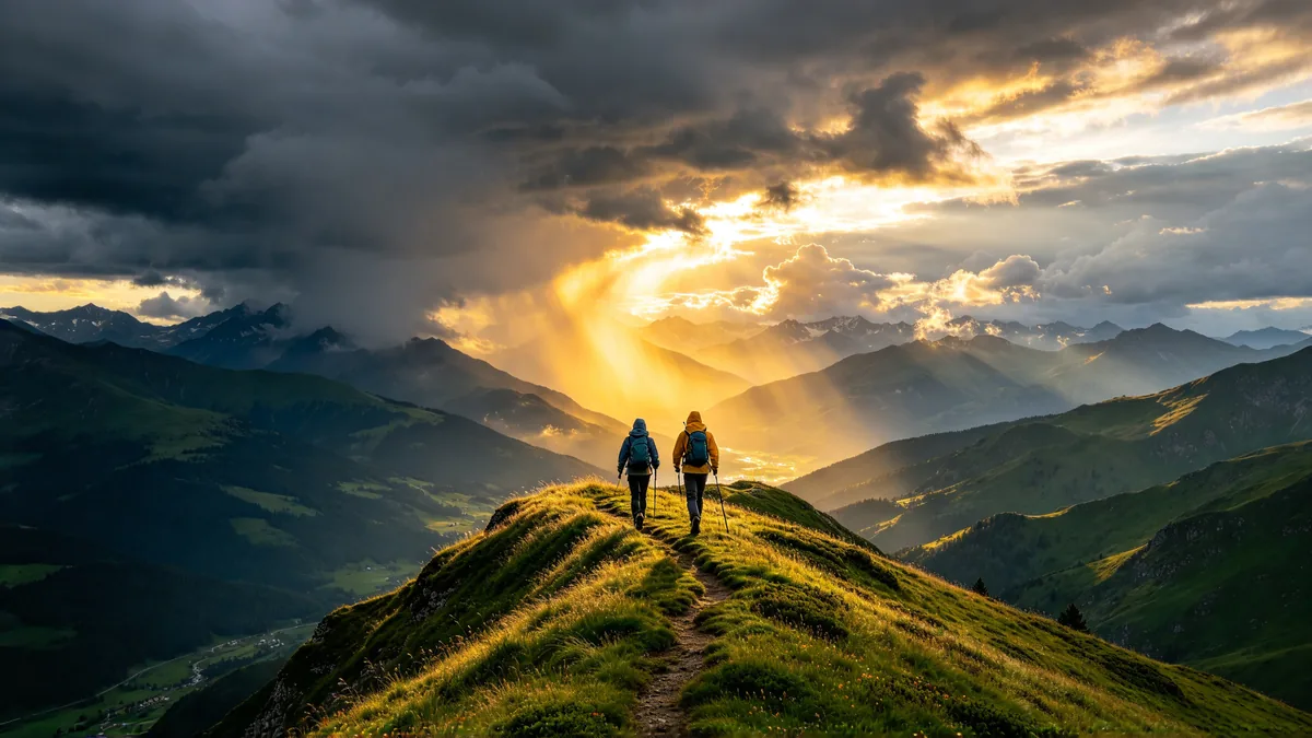 Two hikers in rain shells walk along a grassy mountain ridge as dark storm clouds roll in over the valley.