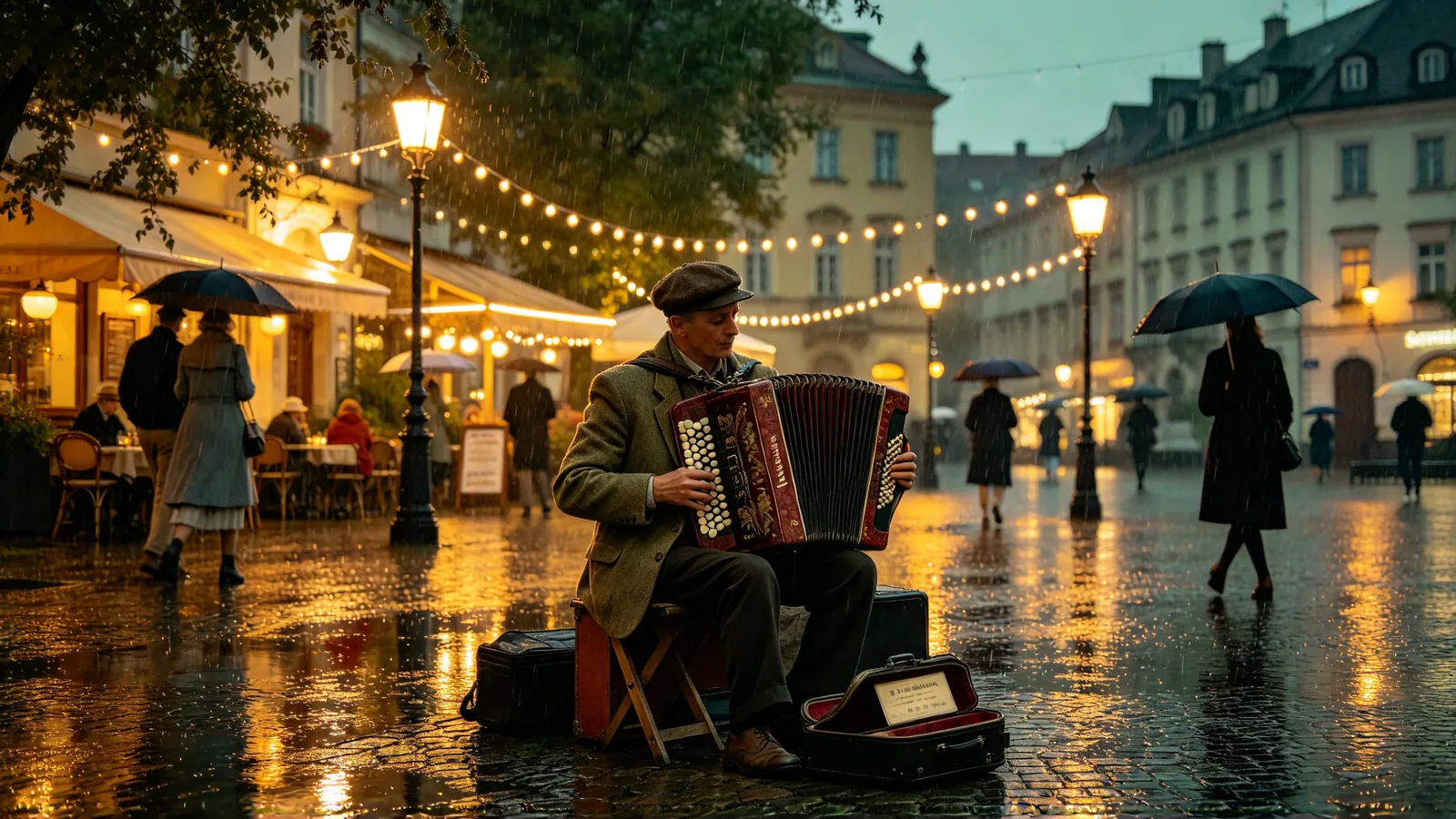 An accordion player performs on a rain-washed cobbled square at dusk, café lights shimmering in the puddles around him.