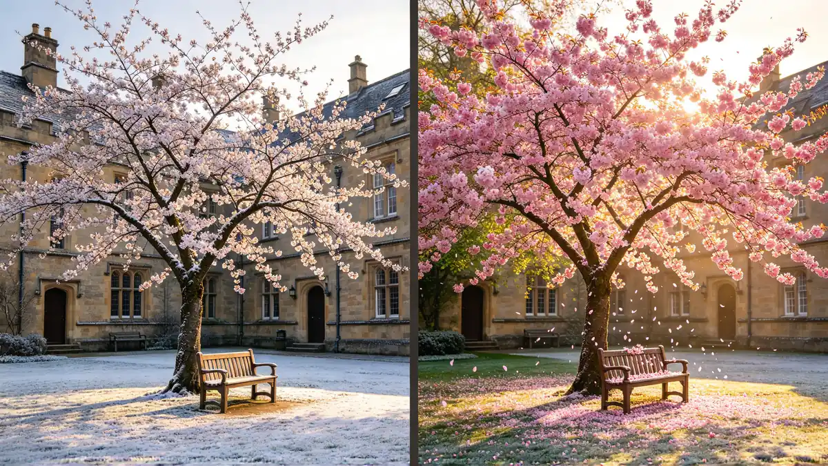 Two frames side by side: a stone courtyard with a frost-covered cherry tree in winter, and the same courtyard with the tree in full pink blossom.