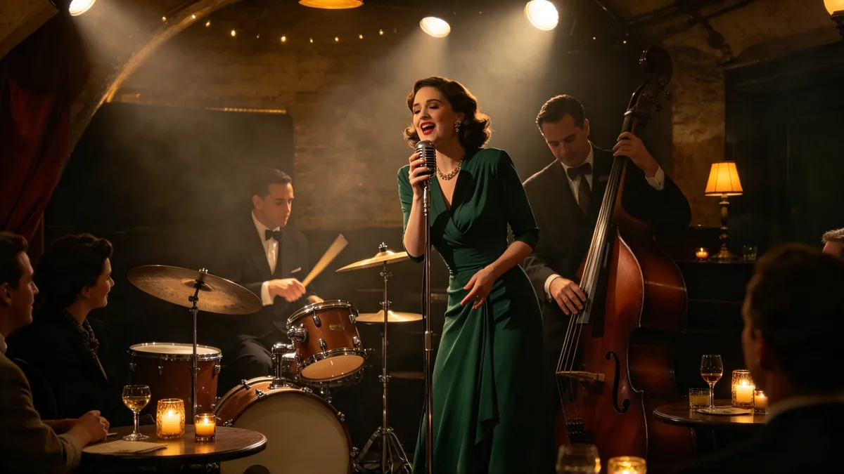 A jazz trio plays in a small basement club, the singer leaning into the microphone while the drummer keeps time on the snare.