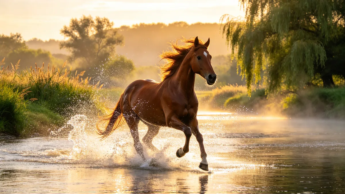 A chestnut horse gallops through a shallow river at sunrise, water spraying up around its legs.