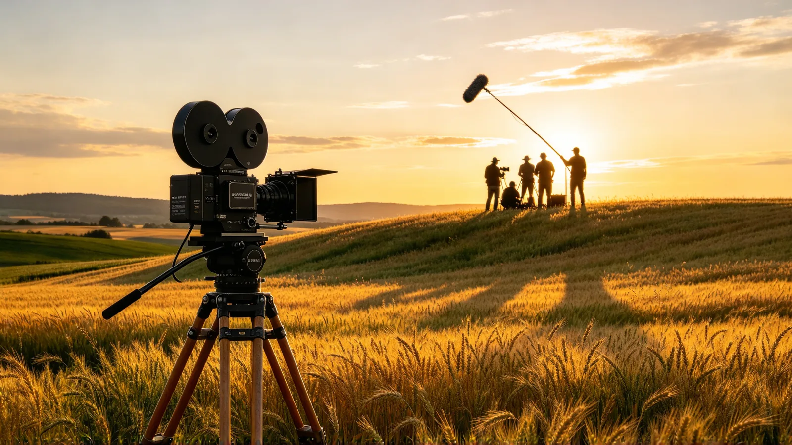 A film camera on a tripod stands in a golden wheat field at sunset while a small crew in silhouette sets up a shot on the hill behind it.