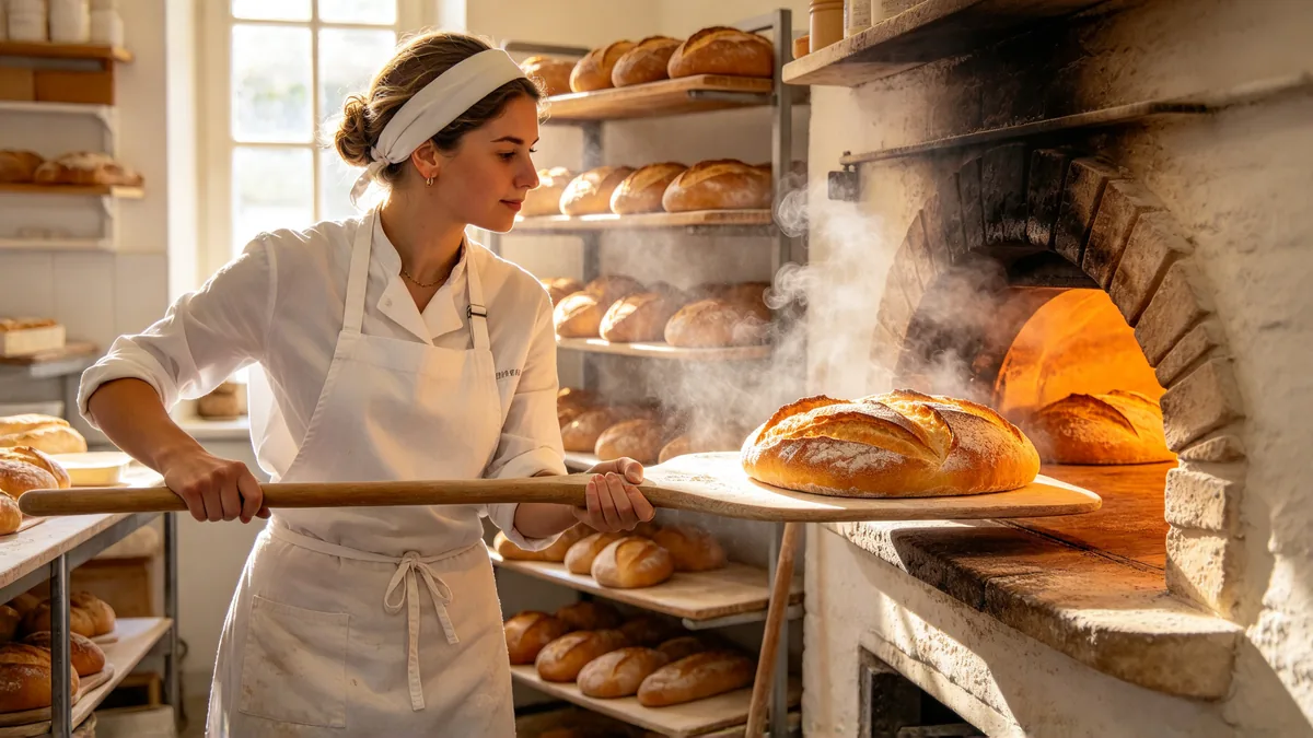A baker slides a single golden loaf out of a stone oven on a wooden peel as flour drifts through the early morning light.