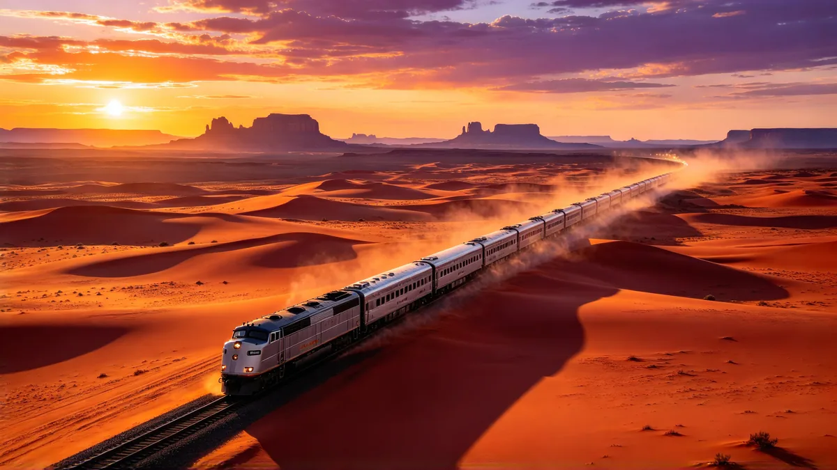 A long silver train crosses a red desert at sunset, its shadow stretching across the sand dunes.