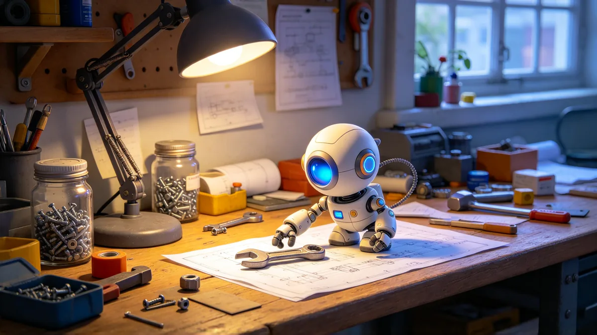 A small round robot with a single glowing eye picks up a wrench from a cluttered workbench in a cozy workshop.
