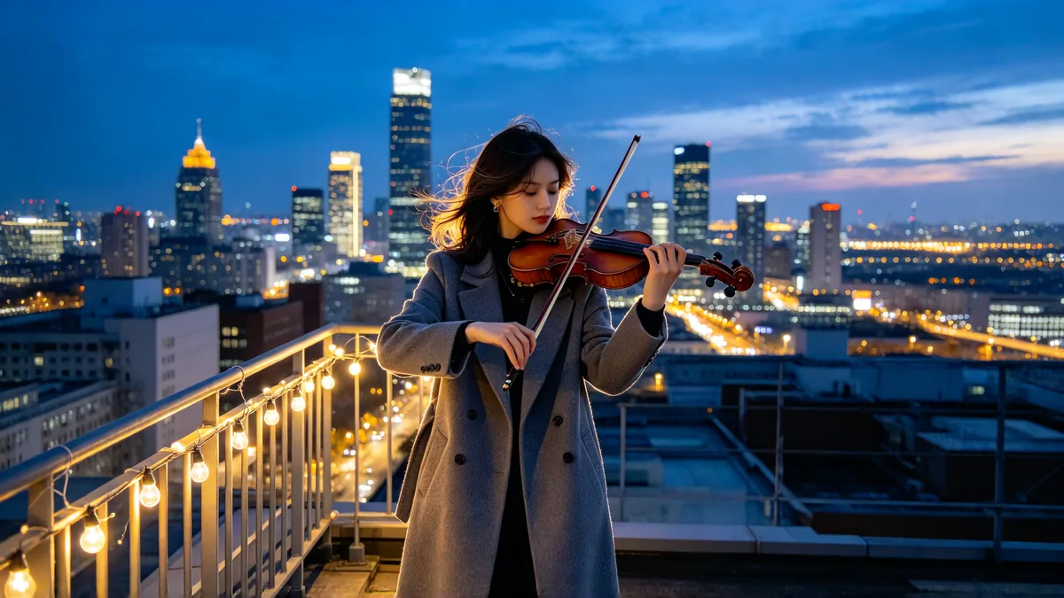 A young violinist plays on a city rooftop at blue hour, the skyline lights coming on behind her.