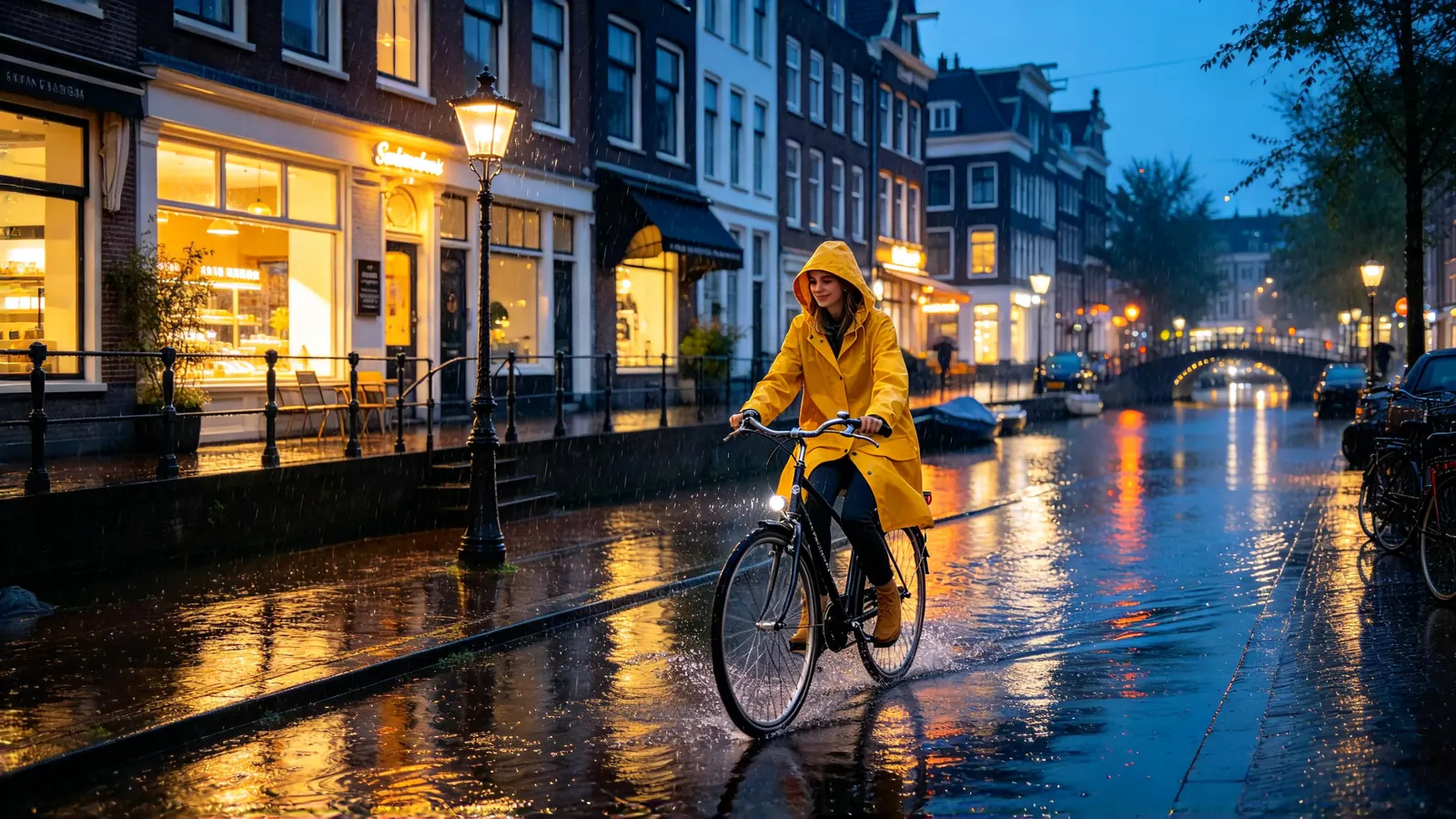 A woman in a yellow raincoat cycles along a rain-washed canal street at dusk, shop windows glowing and reflections rippling in the puddles.