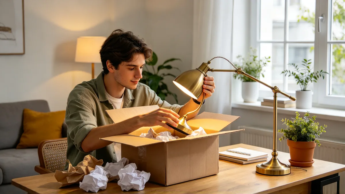 At a sunny desk beside an open cardboard box, a young man adjusts the shade of a brass desk lamp that already stands on the desk, switched on and glowing beside a plant.