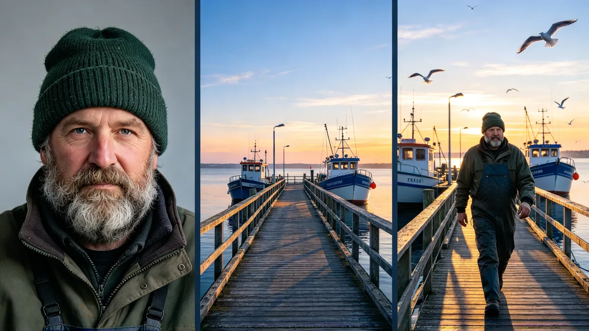 Three panels: a portrait of a fisherman in a knitted cap, a photo of an empty wooden pier at dawn, and the same fisherman walking along that pier.