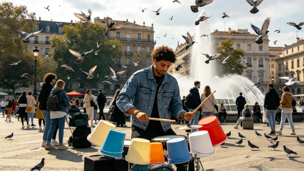 A street drummer plays upturned buckets in a busy square while pigeons scatter and passers-by stop to watch.