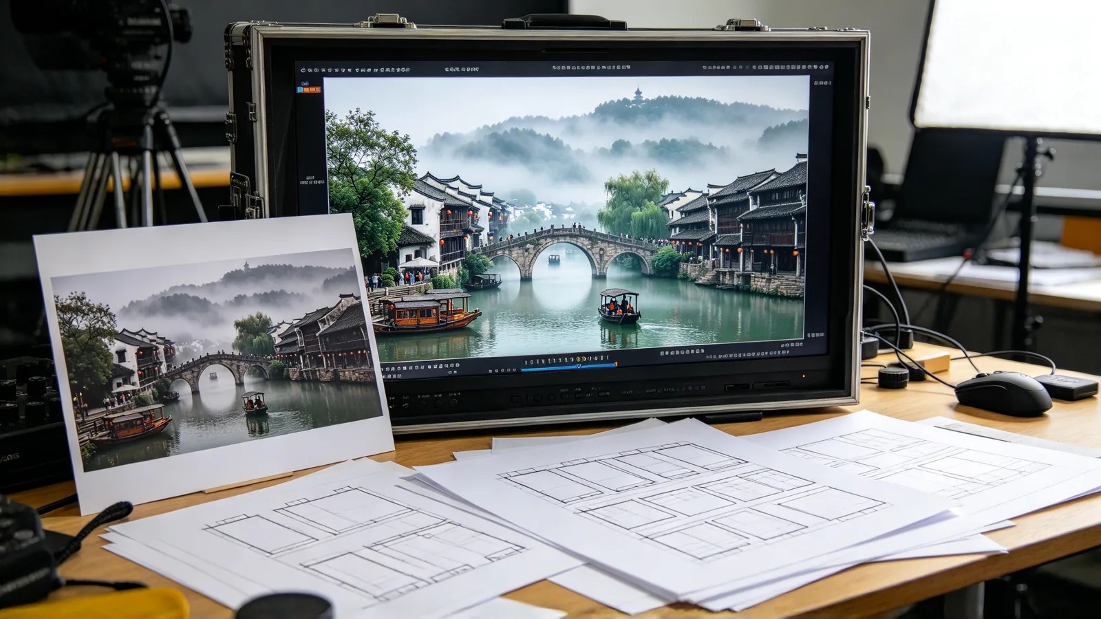 A film director's monitor showing a still of a misty river town beside a printed photo of the same town, on a desk with storyboards.