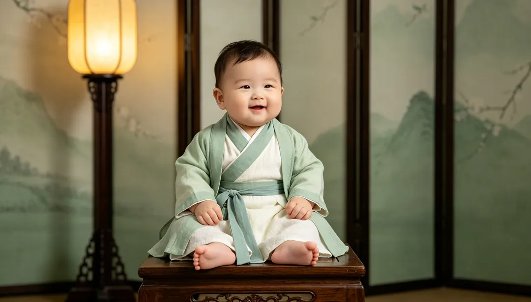 Bebé con traje chino tradicional: ejemplo de Fotos de bebé creado con IA