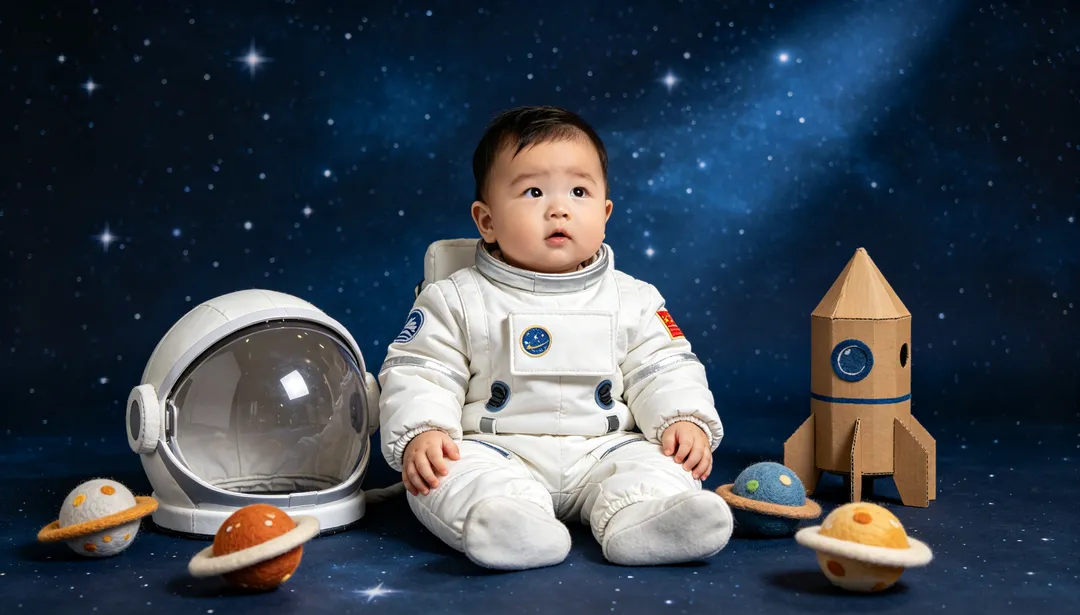 Pequeño astronauta: ejemplo de Fotos de bebé creado con IA
