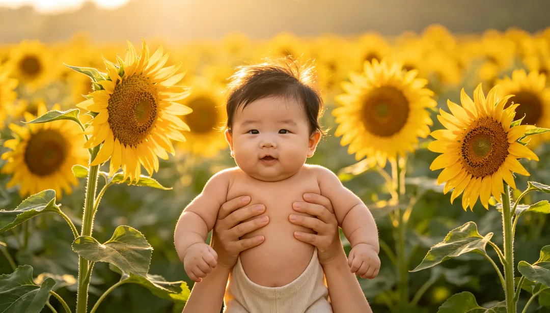 Campo de girasoles: ejemplo de Fotos de bebé creado con IA