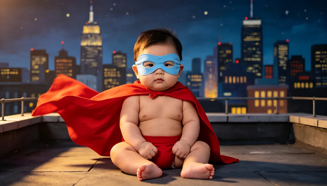 Pequeño superhéroe: ejemplo de Fotos de bebé creado con IA