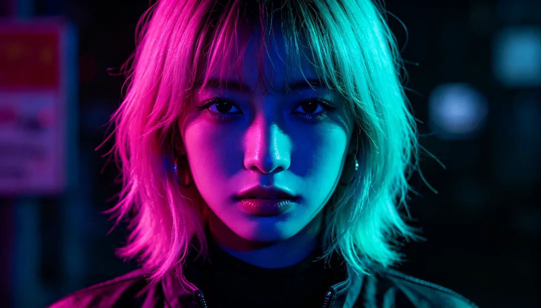 Neón cyberpunk: ejemplo de Retoque de belleza creado con IA